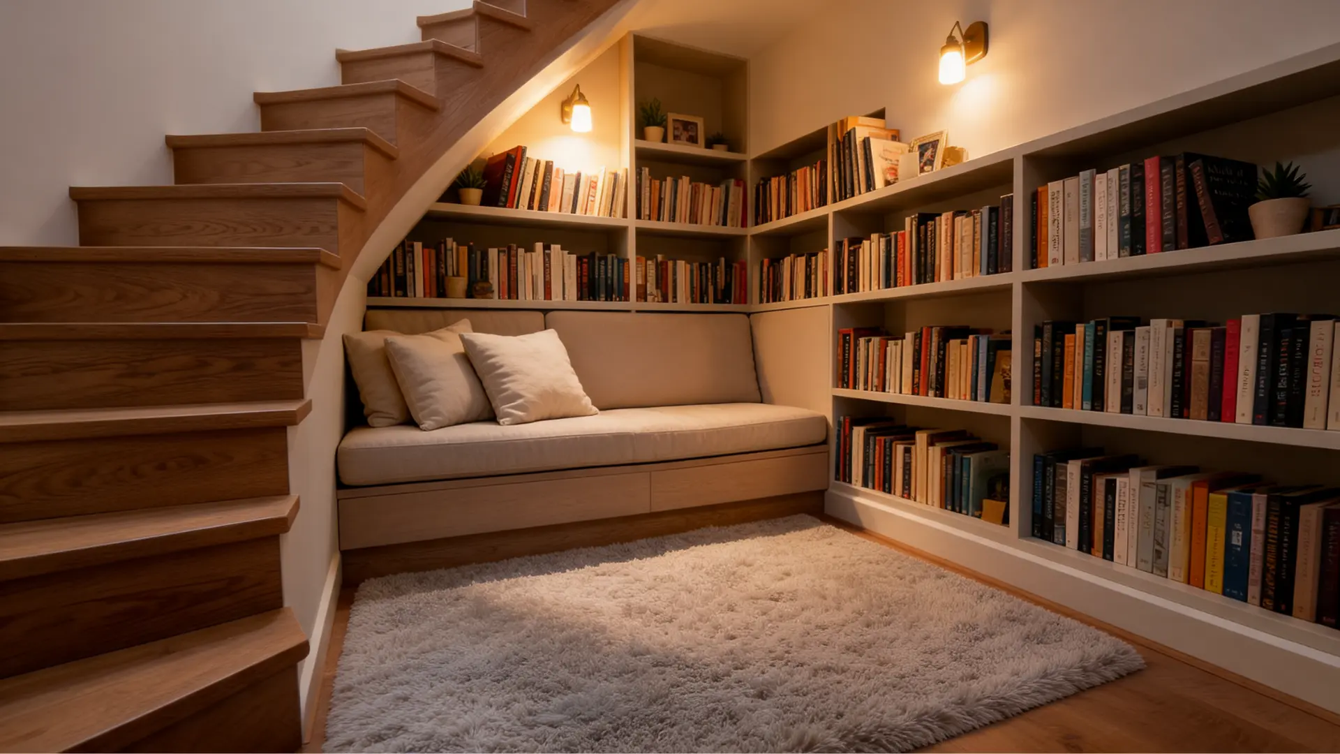 under stair reading nook with cushioned bench shelves books and rug