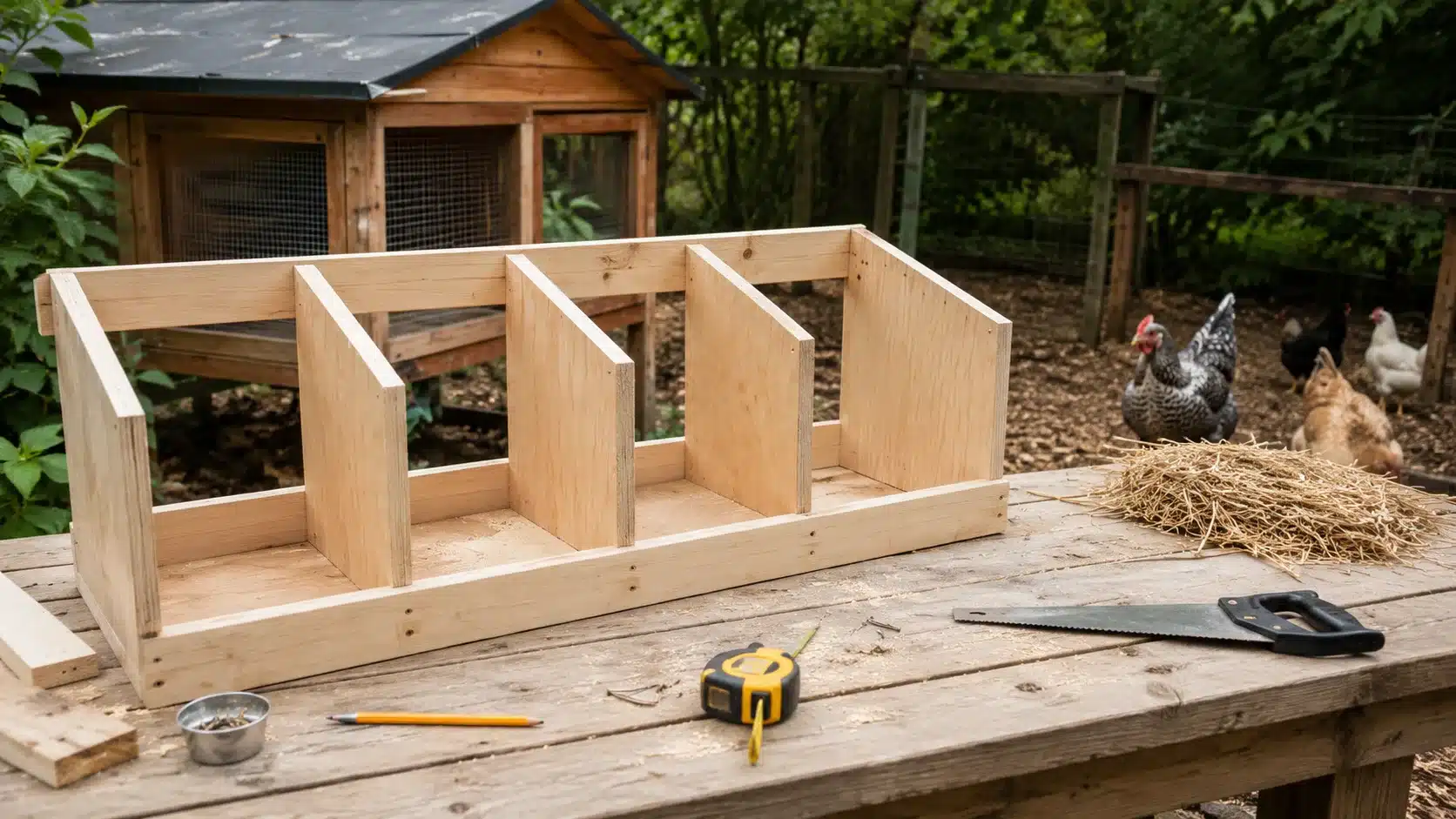unfinished wooden nesting box with tools and hens in a backyard coop for a diy chicken project