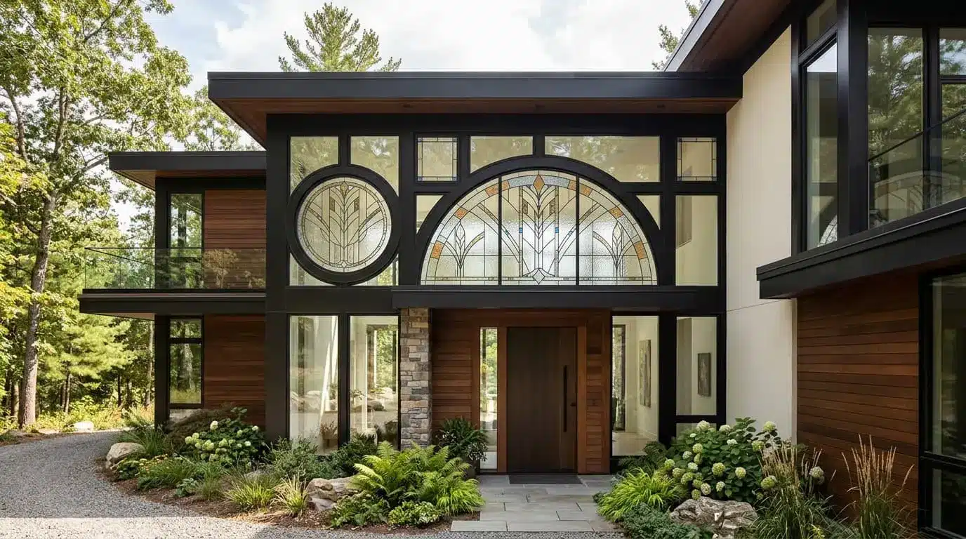 unique shaped specialty windows above a home entryway, adding architectural detail and natural light (1)