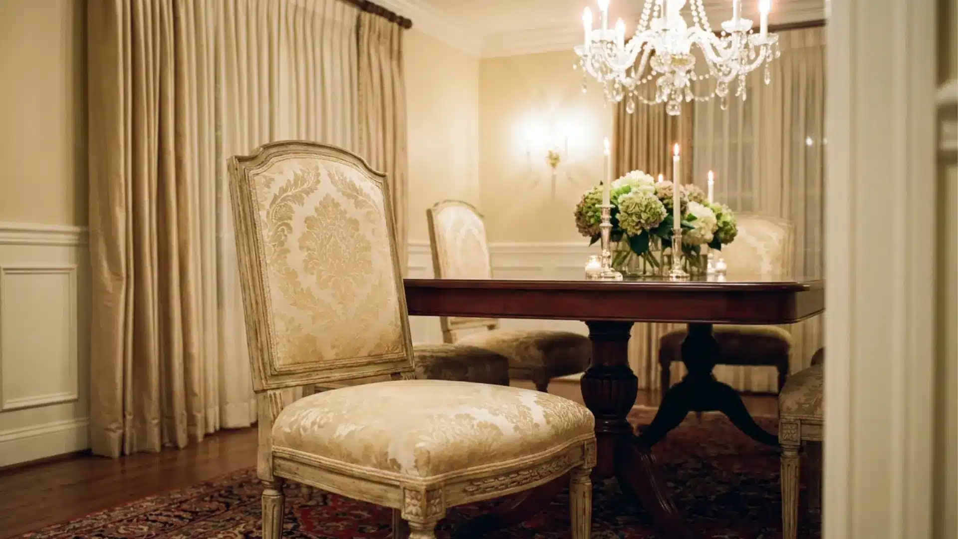 upholstered dining chair in formal dining room with padded seat elegant fabric and warm interior style