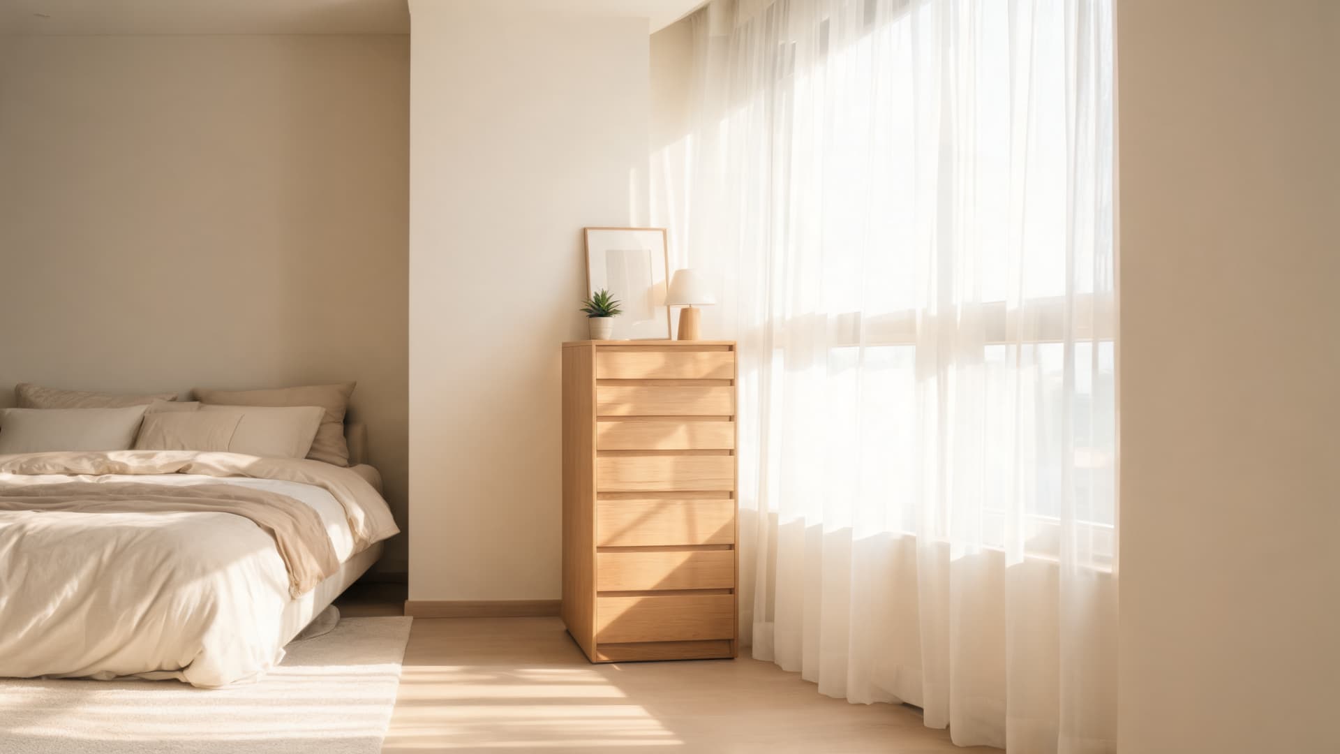 sunlit minimalist bedroom with tall wooden vertical dresser soft neutral decor and compact modern storage design