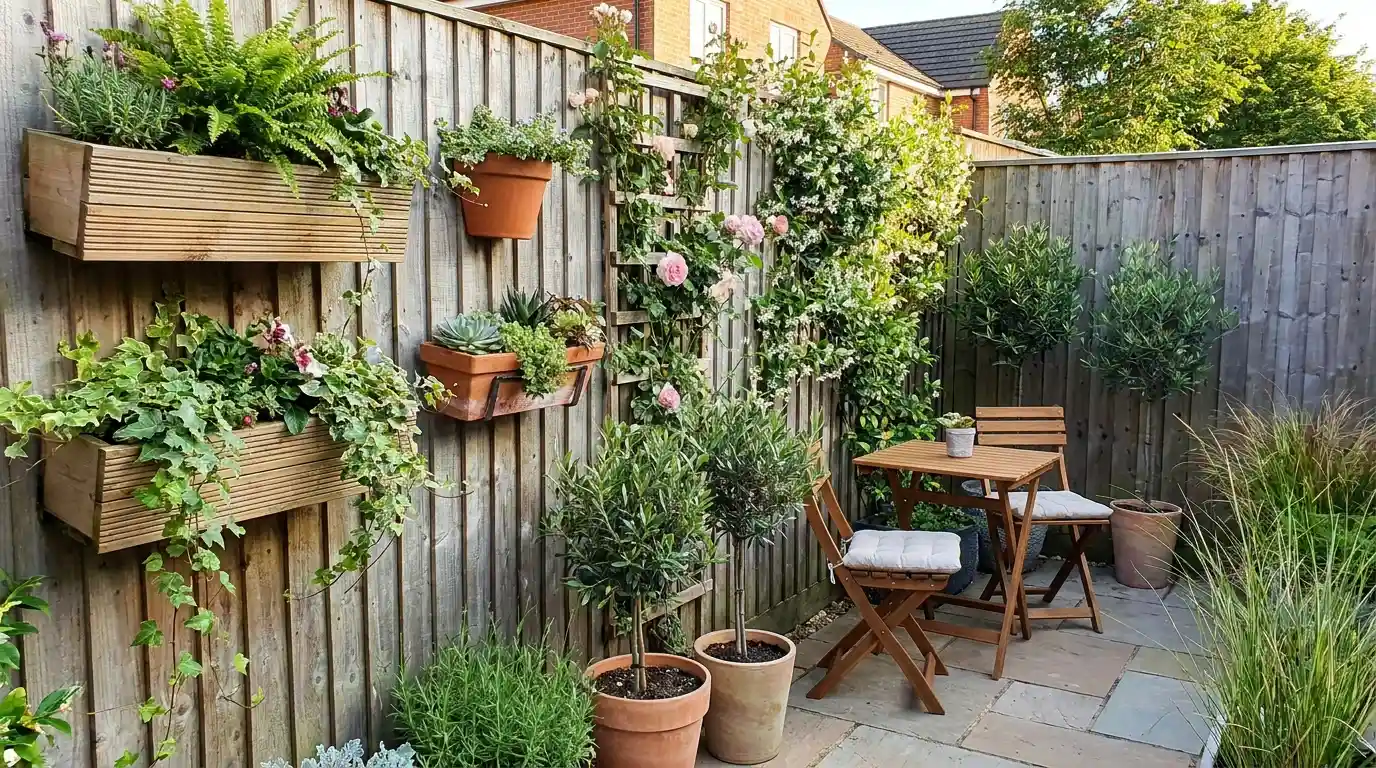 vertical garden with wall planters and greenery in a small patio