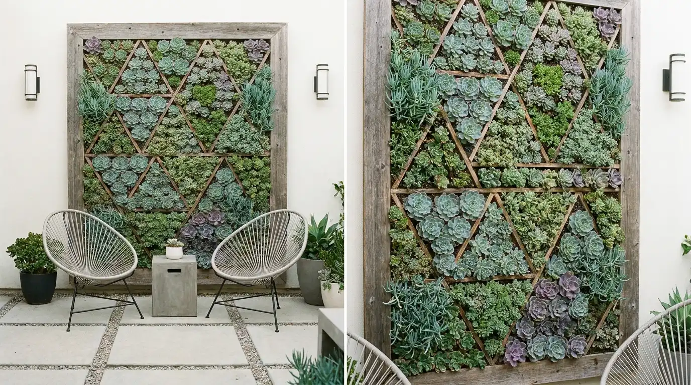 vertical succulent wall panel with geometric green patterns beside a clean modern patio seating area