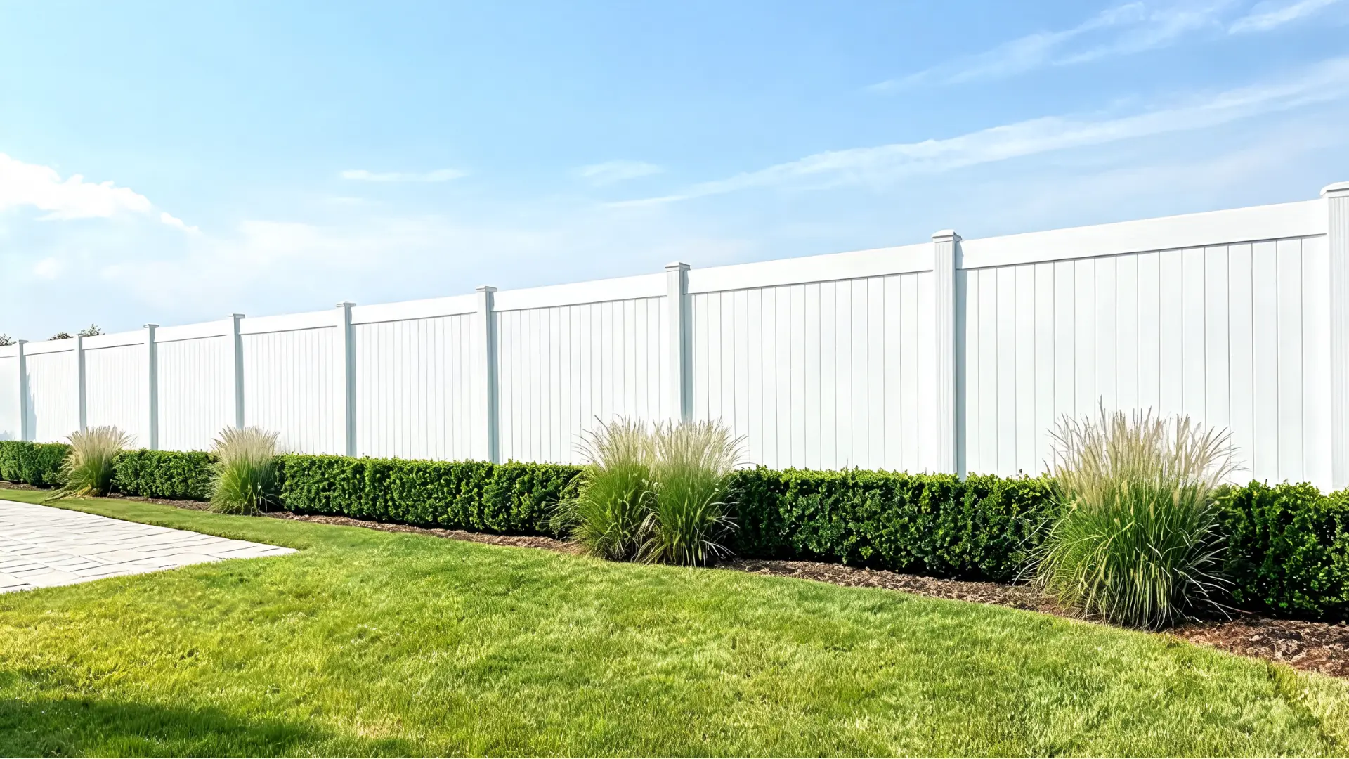 vinyl fence with hedges creating a clean boundary with soft greenery and backyard privacy