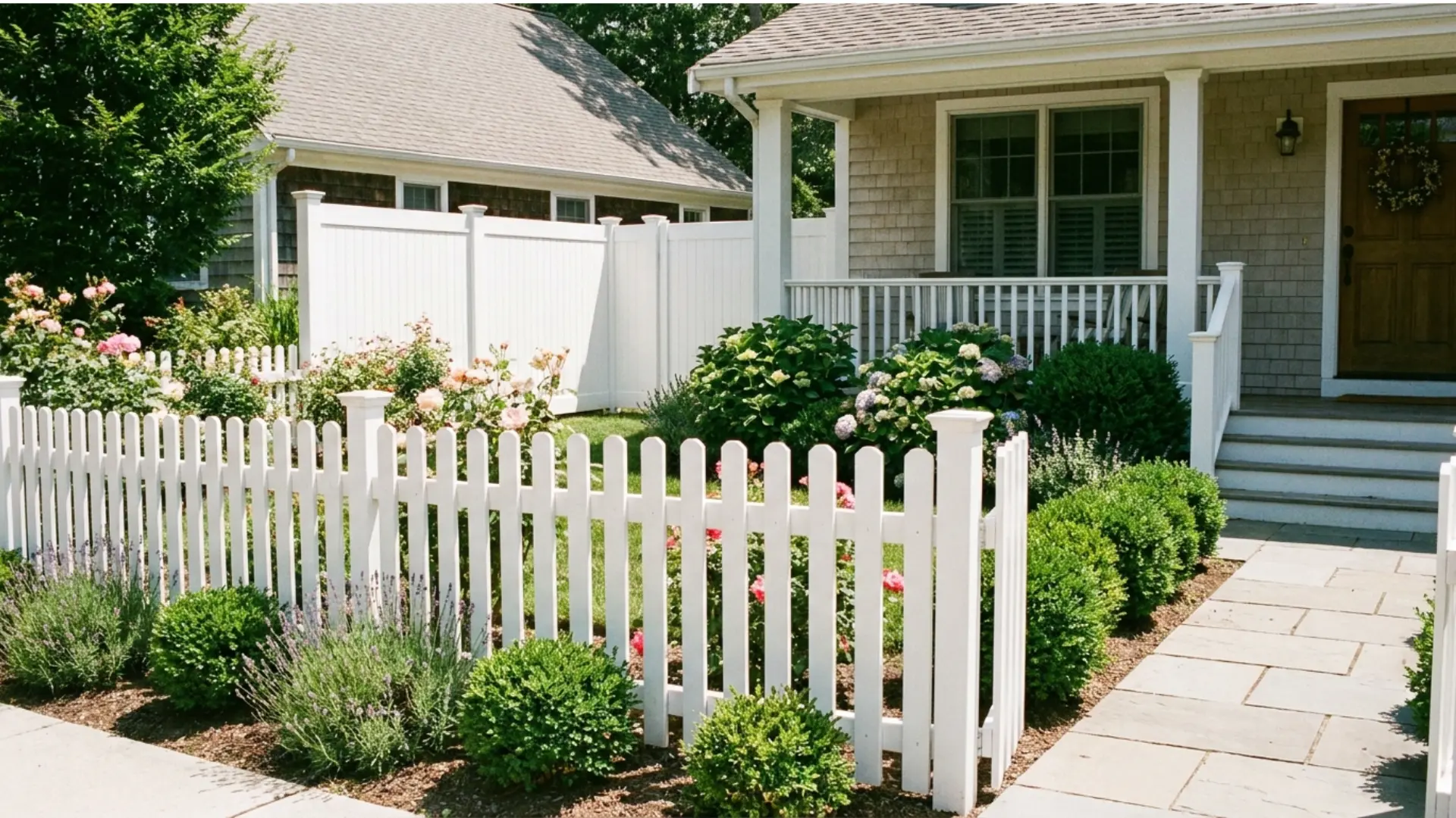 white vinyl picket fence in a cottage-style front yard with flowers, airflow, and low-maintenance curb appeal