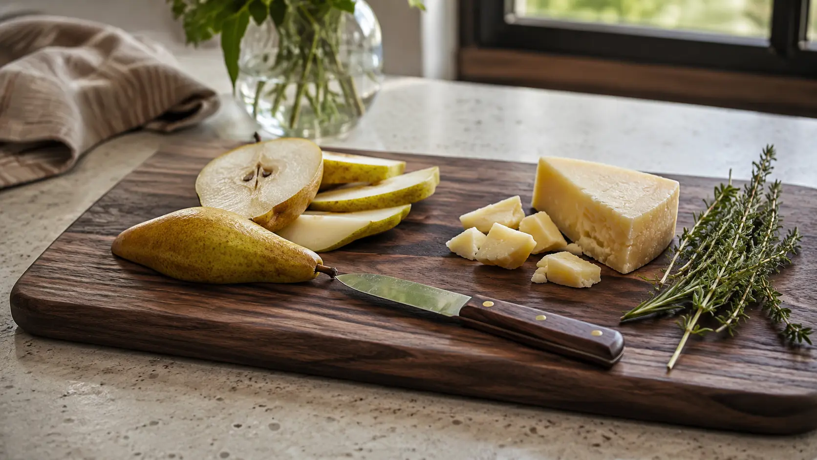 a dark walnut cutting board with sliced pears cheese and herbs on a calm kitchen counter showing a smooth plastic free prep surface
