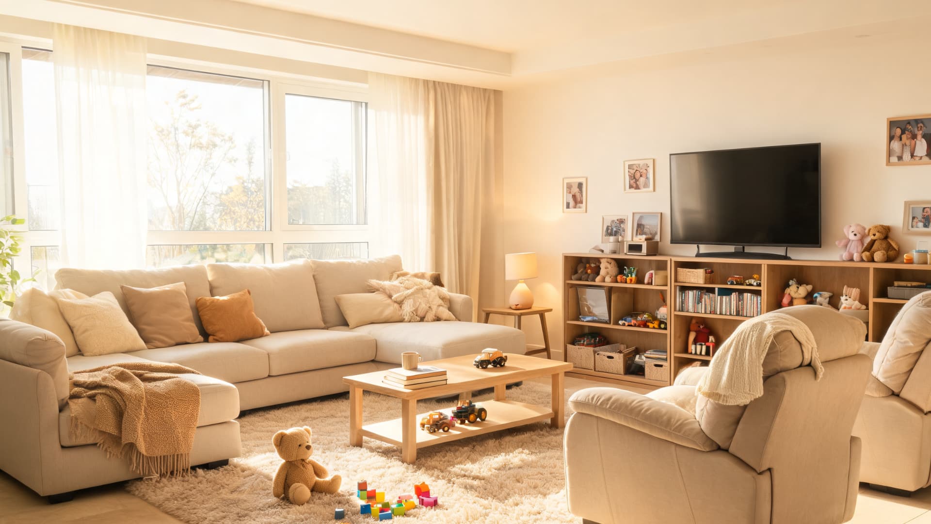 warm and cozy family room with sectional sofa armchairs toys and natural light through large windows