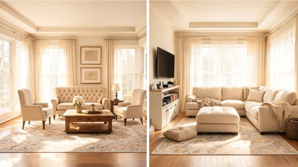 warm bright living room split image showing formal seating area with classic chairs and casual family area with sectional and pouf