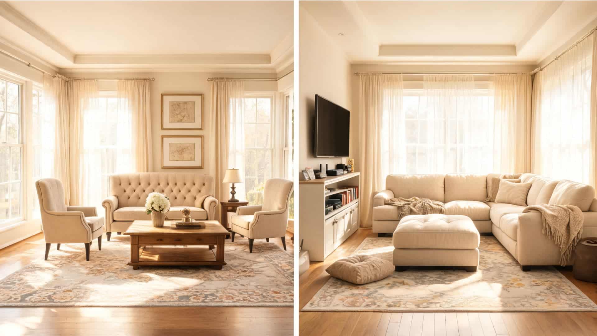 warm bright living room split image showing formal seating area with classic chairs and casual family area with sectional and pouf