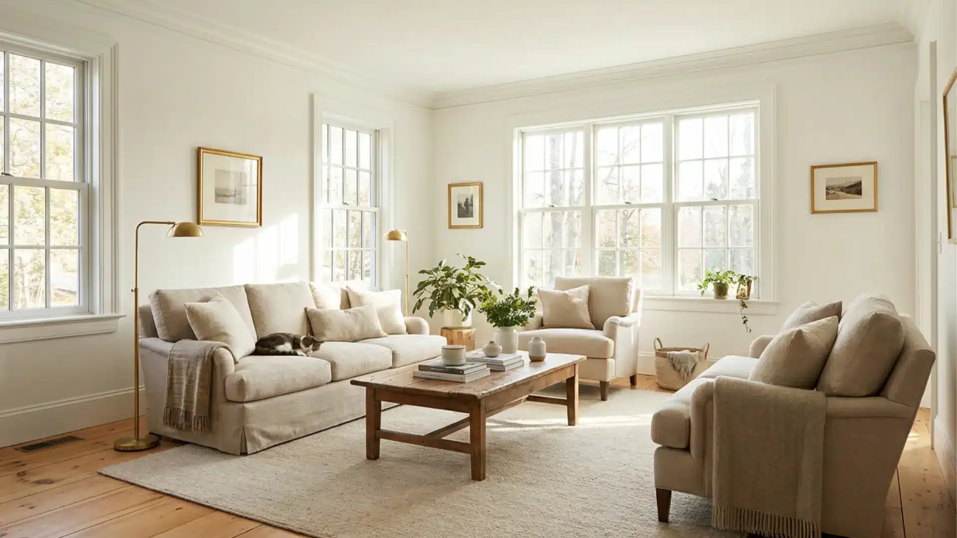 warm living room with Cloud White walls, wood floors, beige seating, brass accents, and soft natural light