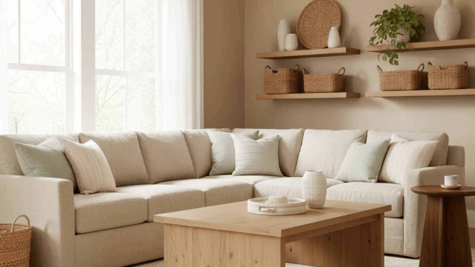Warm living room with linen sectional, light wood coffee table, wicker baskets, and floating wood shelves