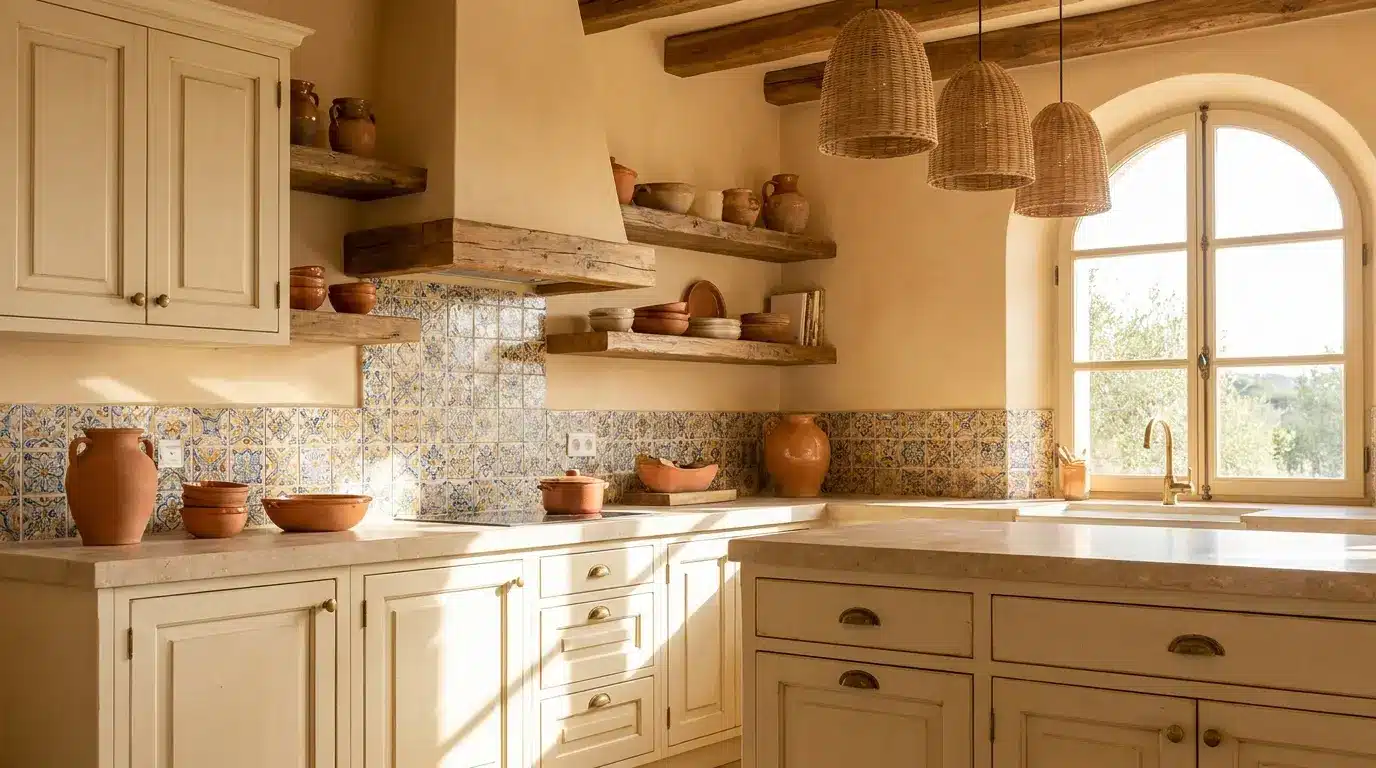 warm mediterranean kitchen design with cream cabinets patterned tile wood shelves stone counters and terracotta accents