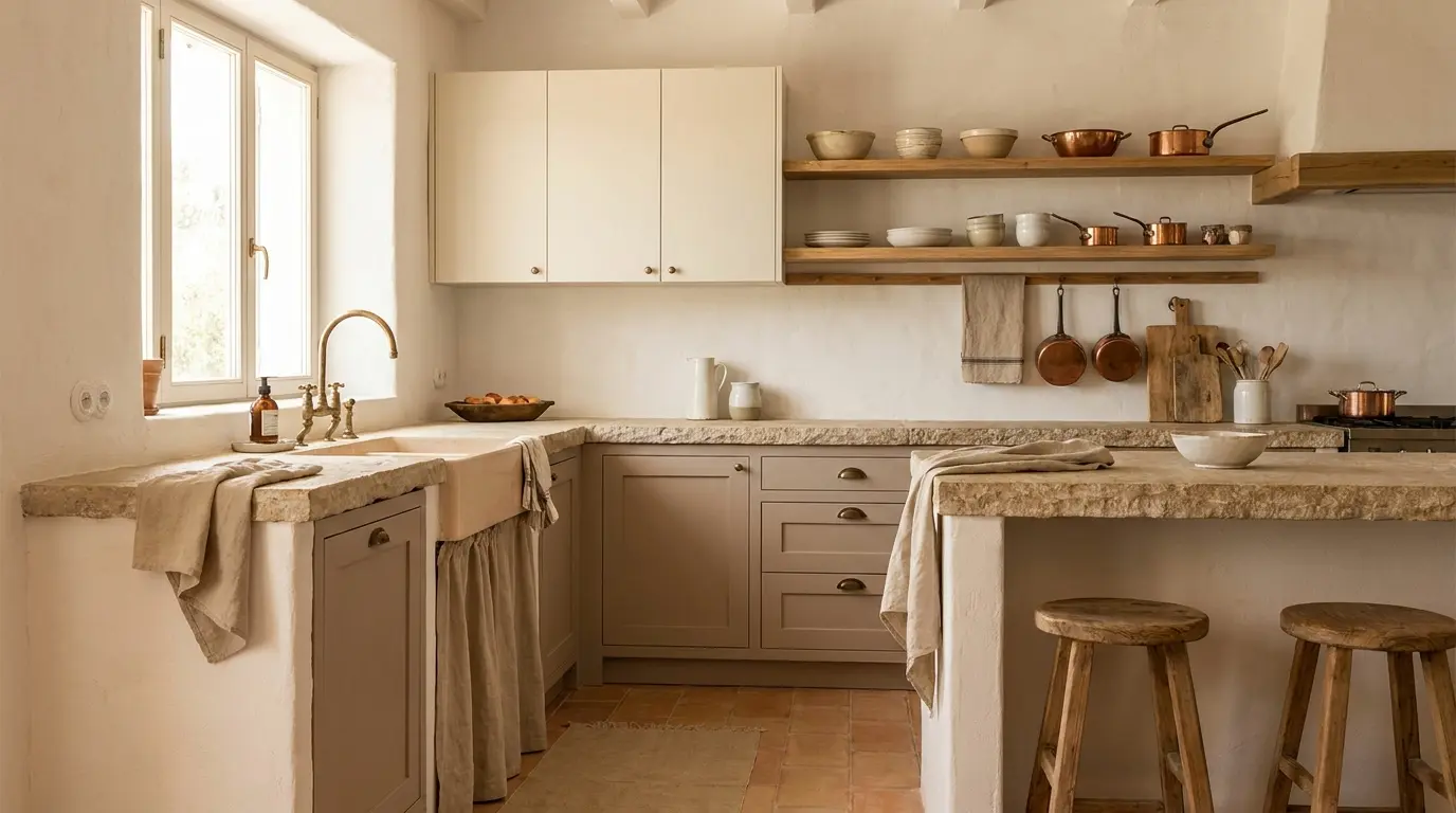 warm mediterranean kitchen with cream cabinets beige tones and stone counters