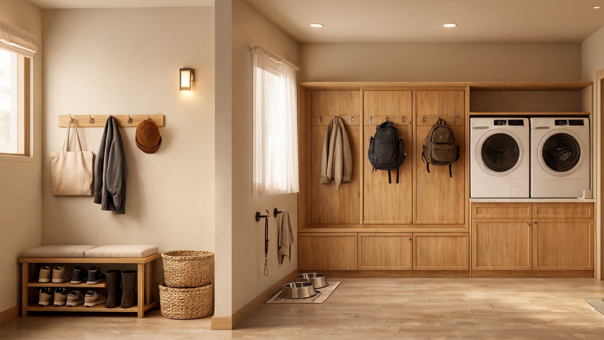 warm mudroom with wooden lockers, laundry machines, shoe bench, wall hooks and woven baskets