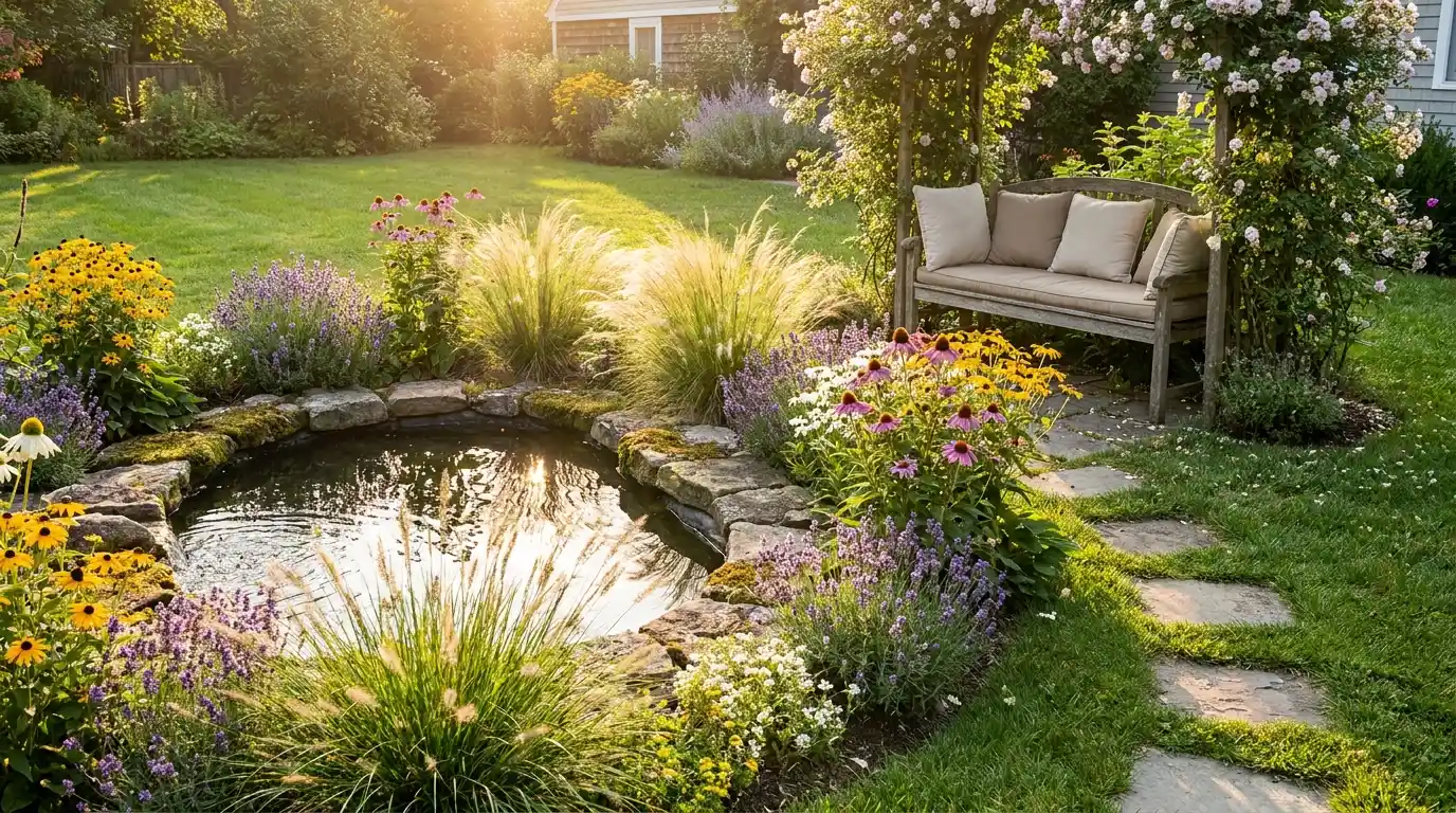 water feature garden with pond stones and plants