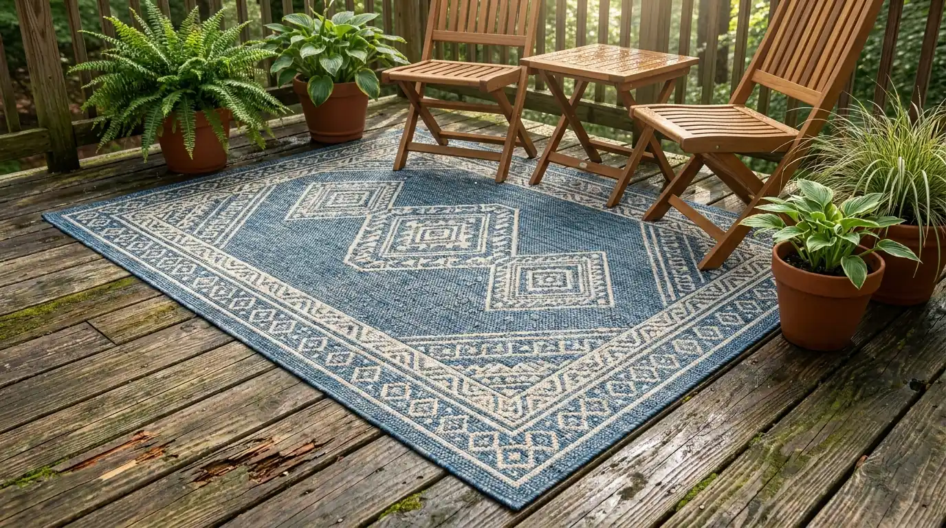 weather-resistant outdoor rug placed under small chairs on a compact deck with plants nearby