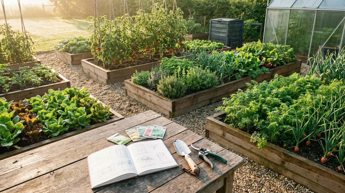 well planned vegetable garden with raised beds containers trellises herbs tomatoes and neat paths (1)
