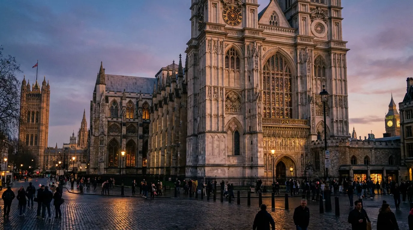 westminster abbey gothic church with towers pointed arches and stained glass