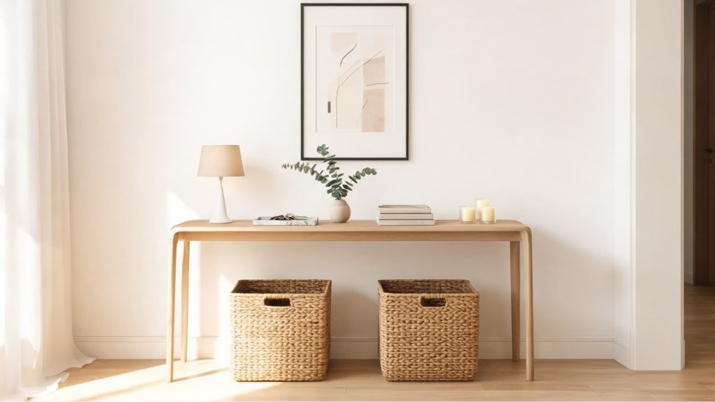 console table in modern entryway with decor and storage baskets