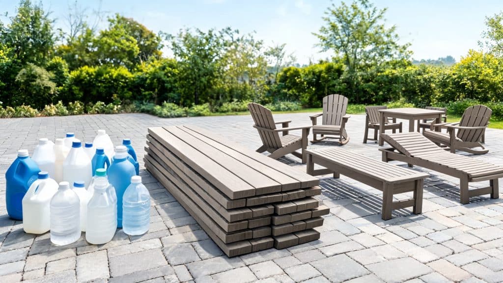 recycled plastic containers, HDPE lumber boards, and finished Polywood furniture on a sunny patio.