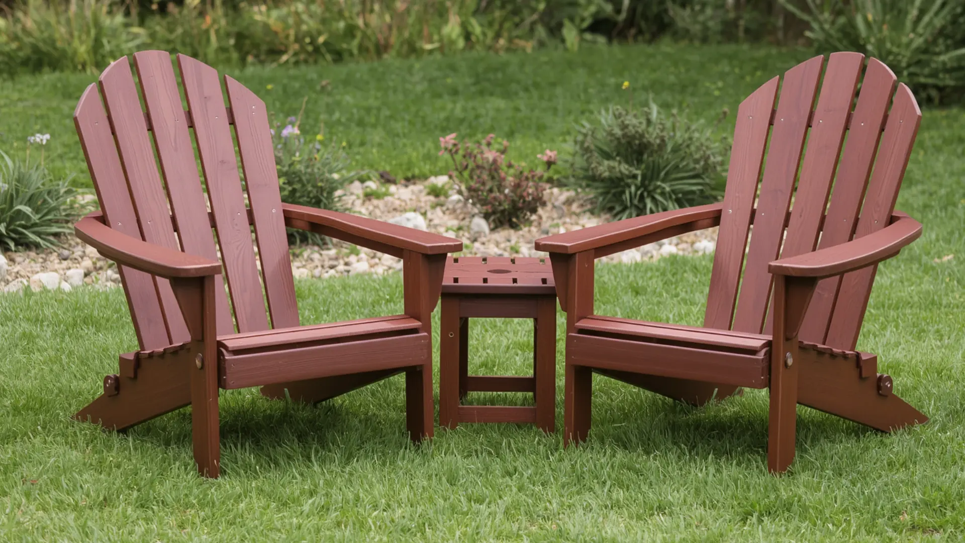 reddish-brown Adirondack chairs face each other on a green lawn, separated by a matching small side table