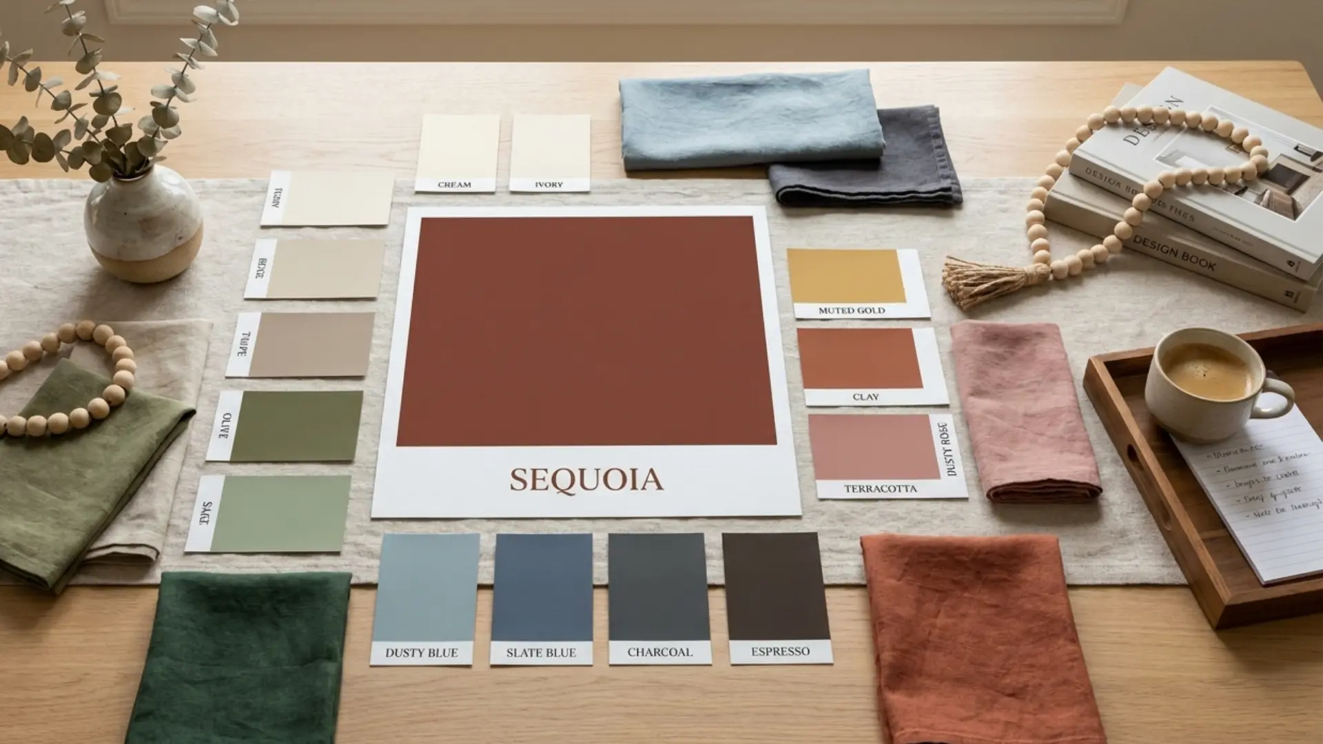 Sequoia color palette showing warm neutrals, earthy greens, blues, and decor swatches