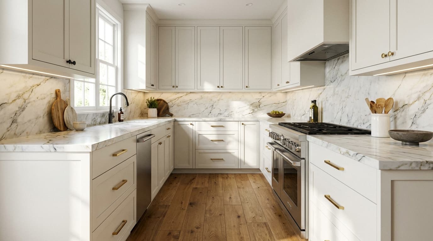 Kitchen with White Dove cabinets, brass and black hardware, marble countertop, and wood floors