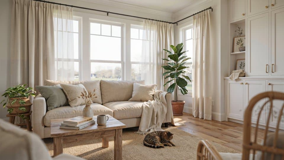 Living room painted in White Dove with navy accent wall, linen sofa, and wood floors