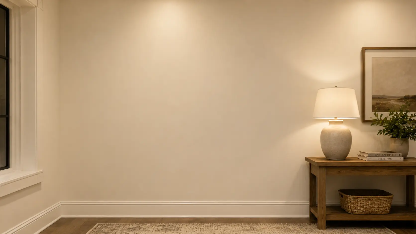 white duck wall in artificial light with warm lamp wood console greenery and soft neutral decor