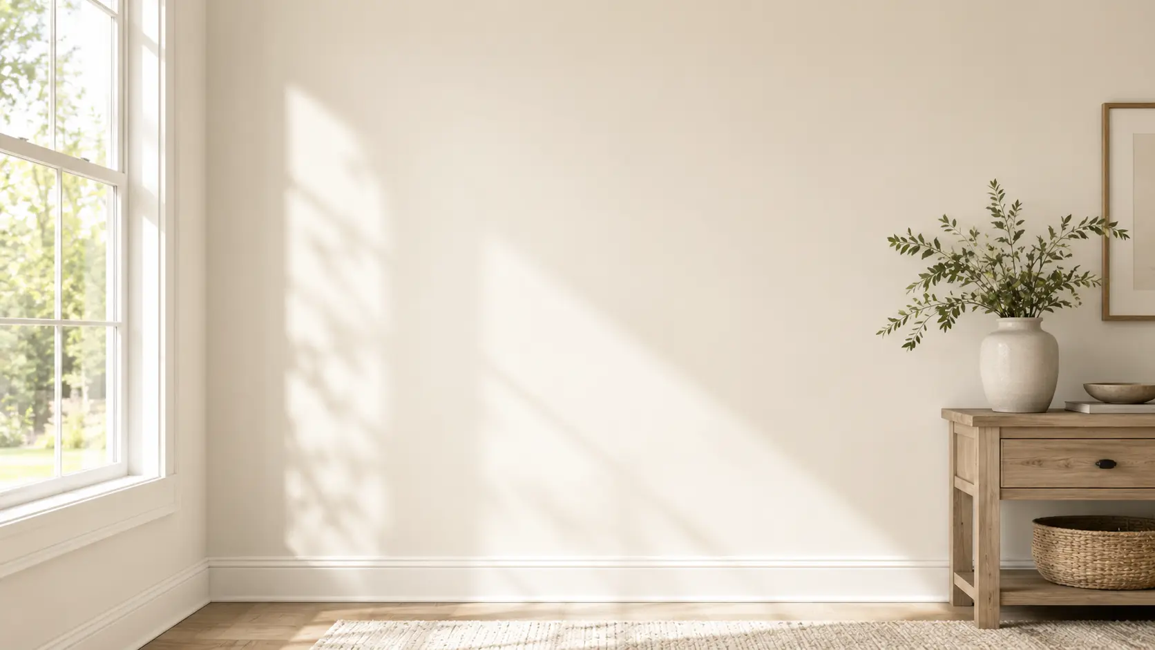 white duck wall in natural light with soft shadows wood console greenery and warm neutral decor