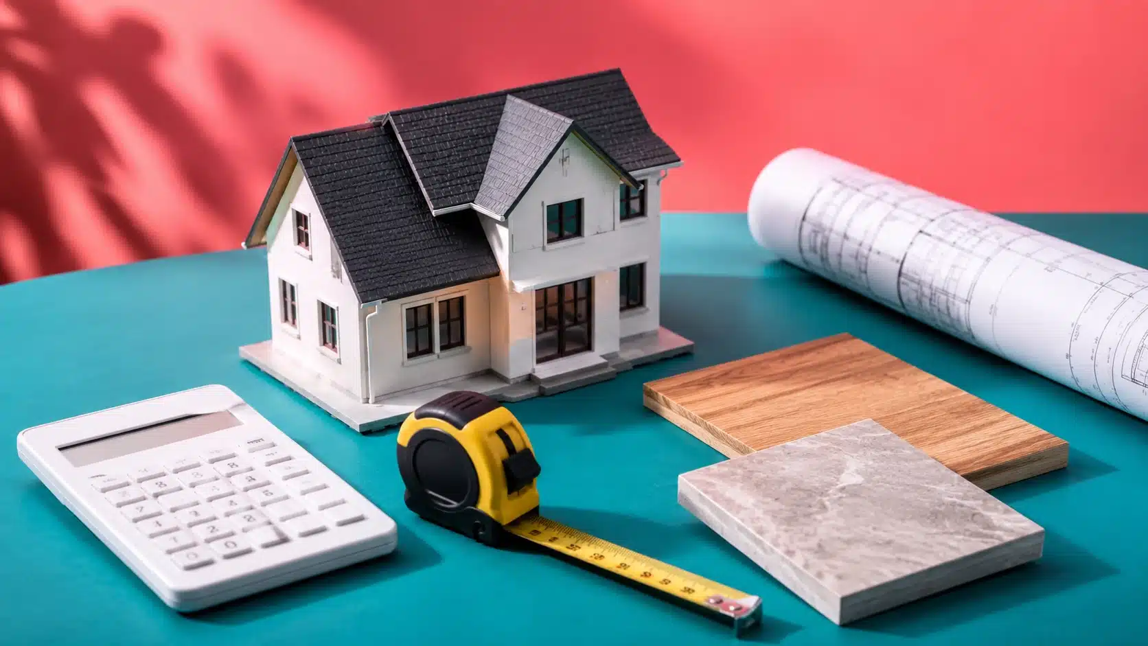 House model with calculator, tape measure, and blueprint for estimating 4 bedroom build cost