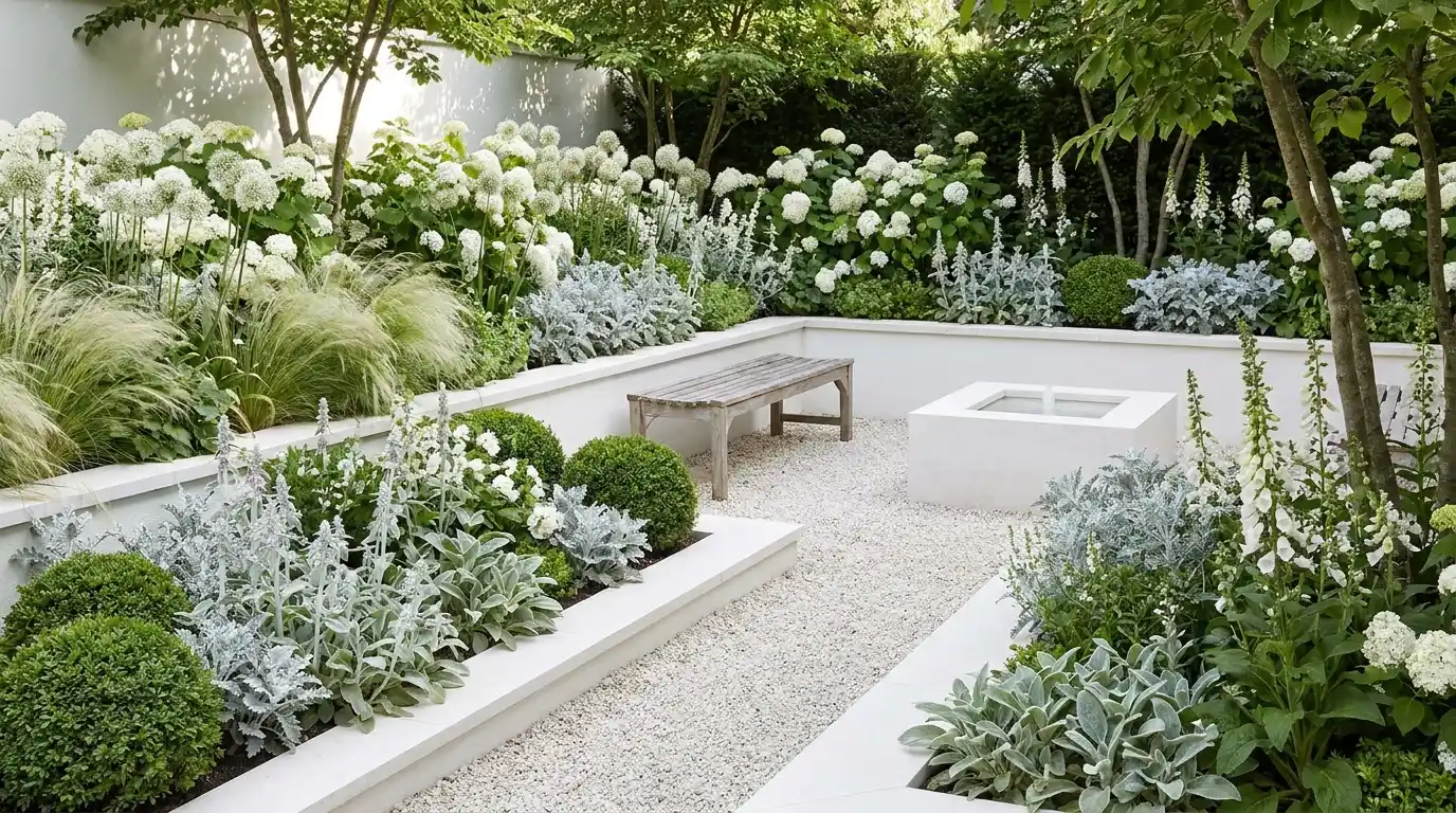 white modern garden with silver foliage, pale gravel, soft grasses, and textured planting layers near stone