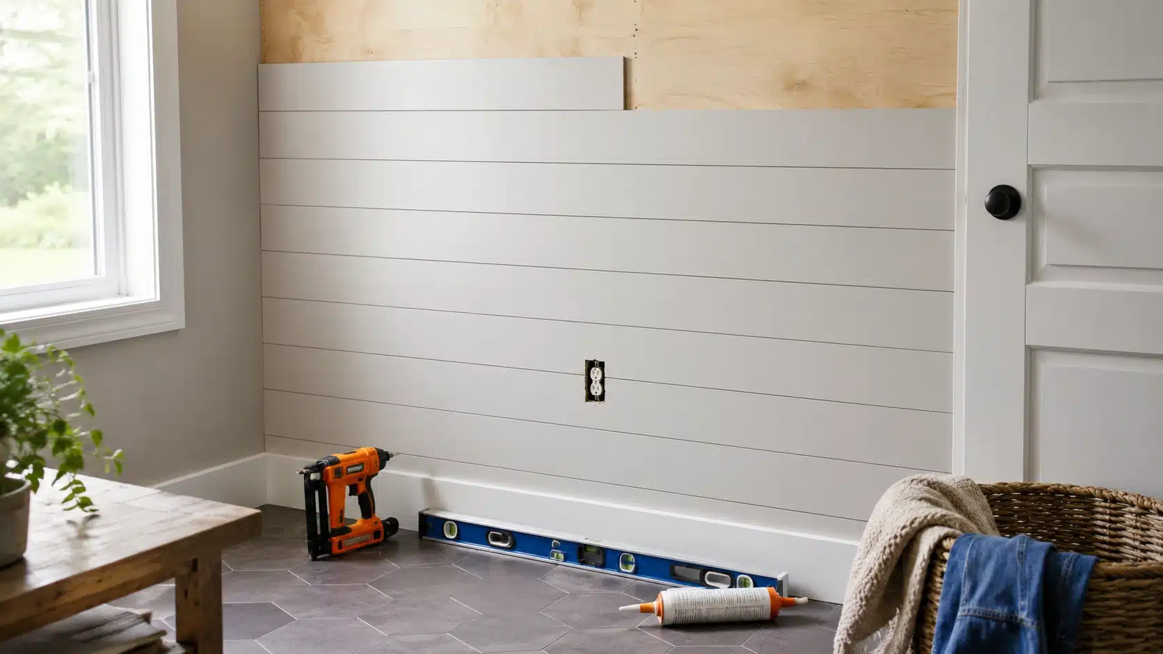 white shiplap accent wall installation for diy home projects, with nail gun, level, caulk, outlet, and plywood backing