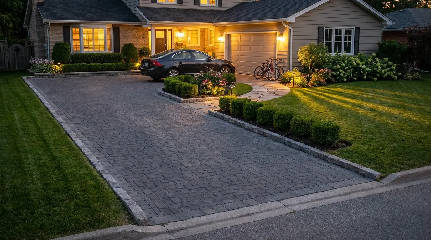 wide driveway with paver surface guiding cars and guests toward a neat home entrance in warm evening light