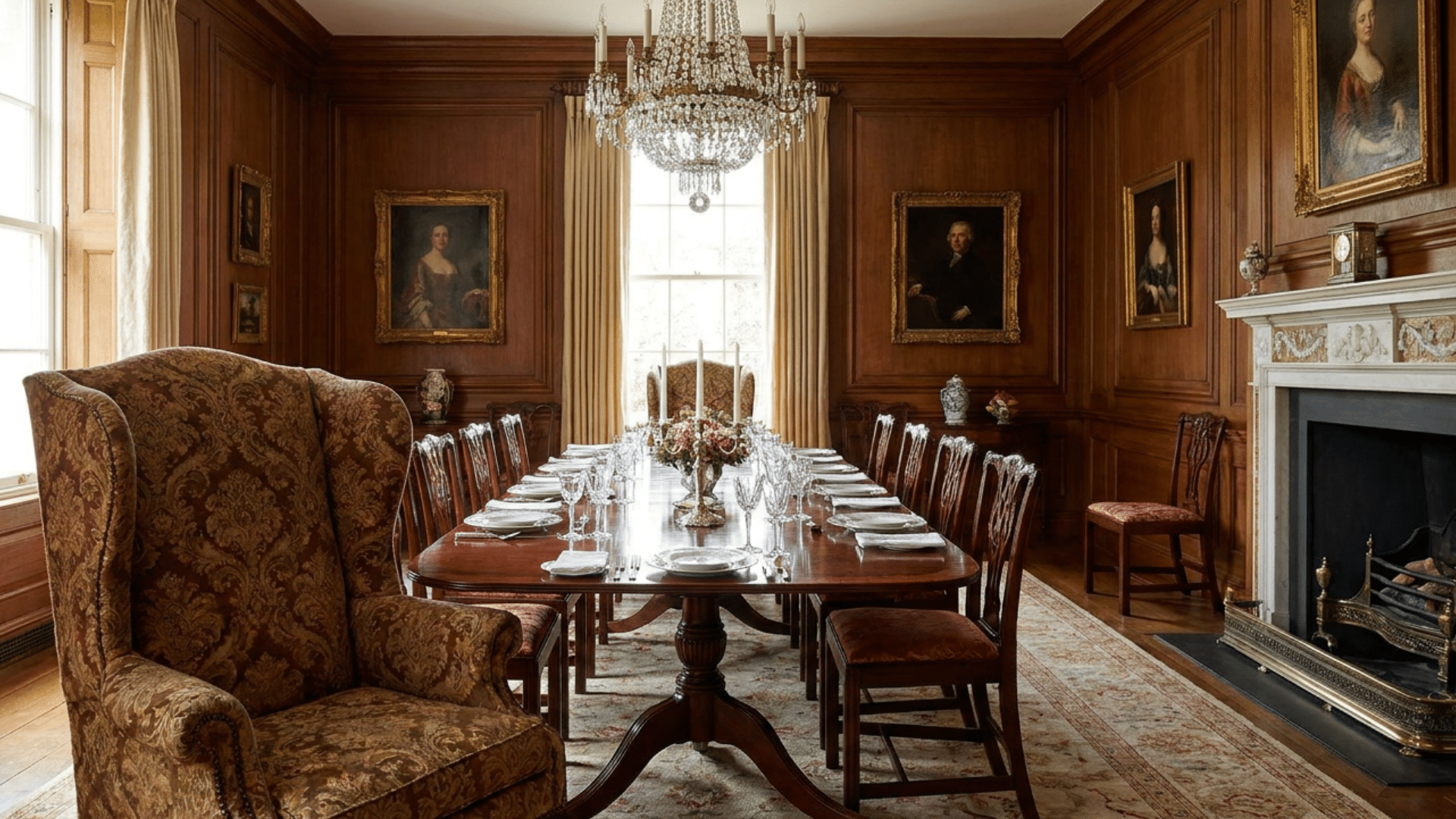 wingback dining chair in formal dining room with high back elegant traditional head of table seating