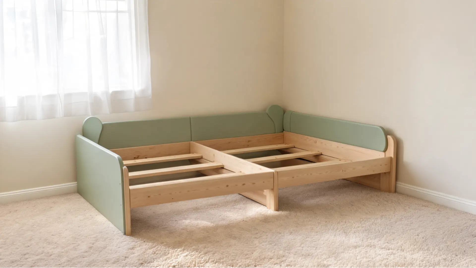 win kids’ bed frame with sage green side panels and a natural wood base shown without a mattress