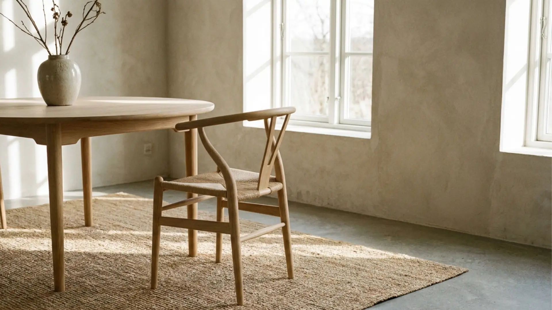 scandinavian wishbone dining chair with woven seat in minimalist nordic dining room natural wood style