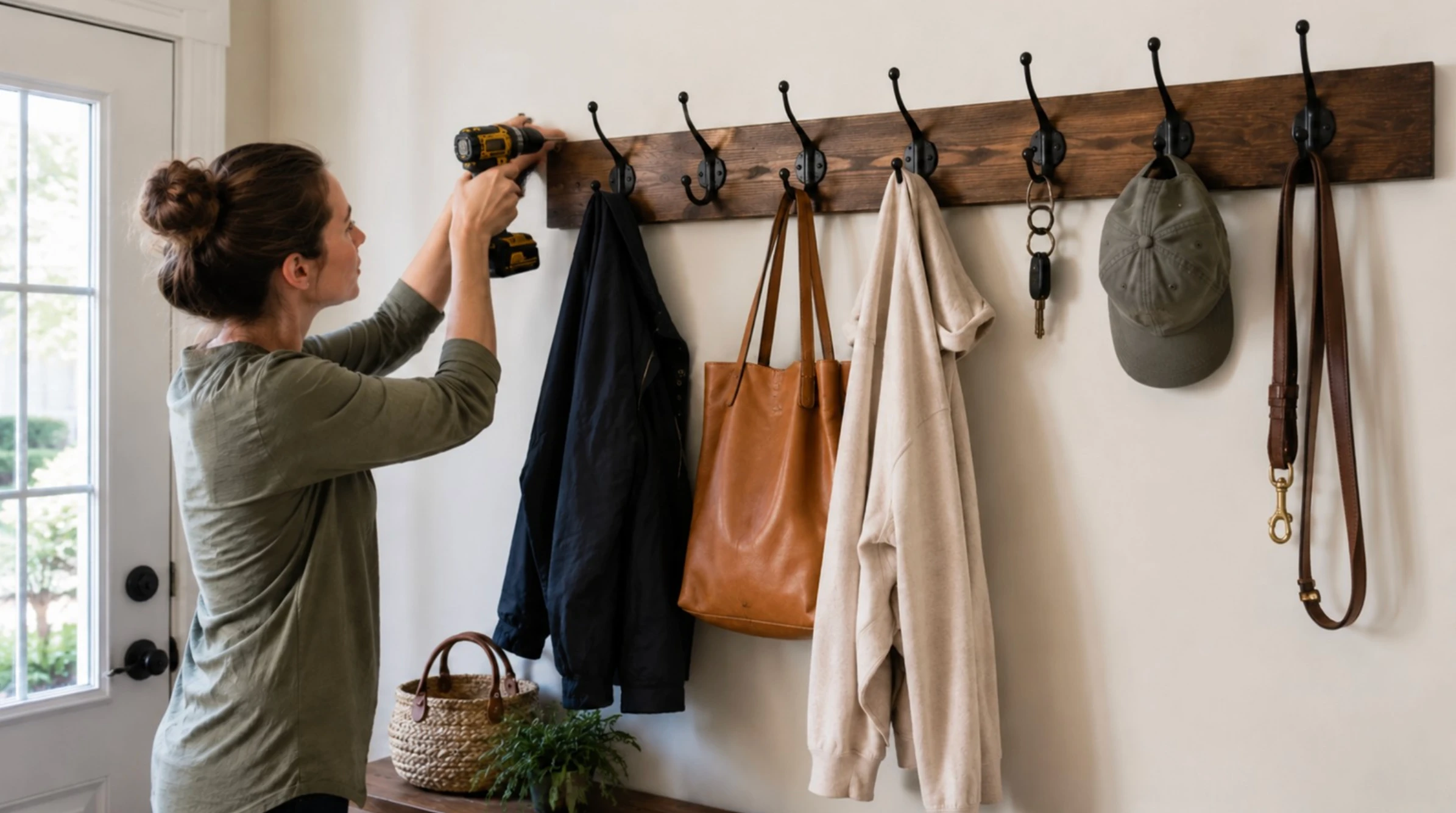 woman installing a wooden coat rack on the wall using a drill, demonstrating easy and practical diy home projects