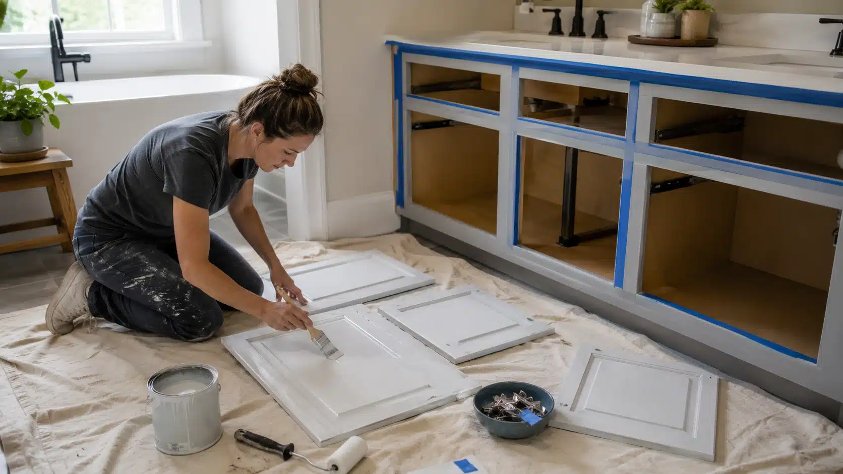 woman painting bathroom cabinet doors for diy home projects, with painter’s tape, drop cloth, roller, brush, and tools