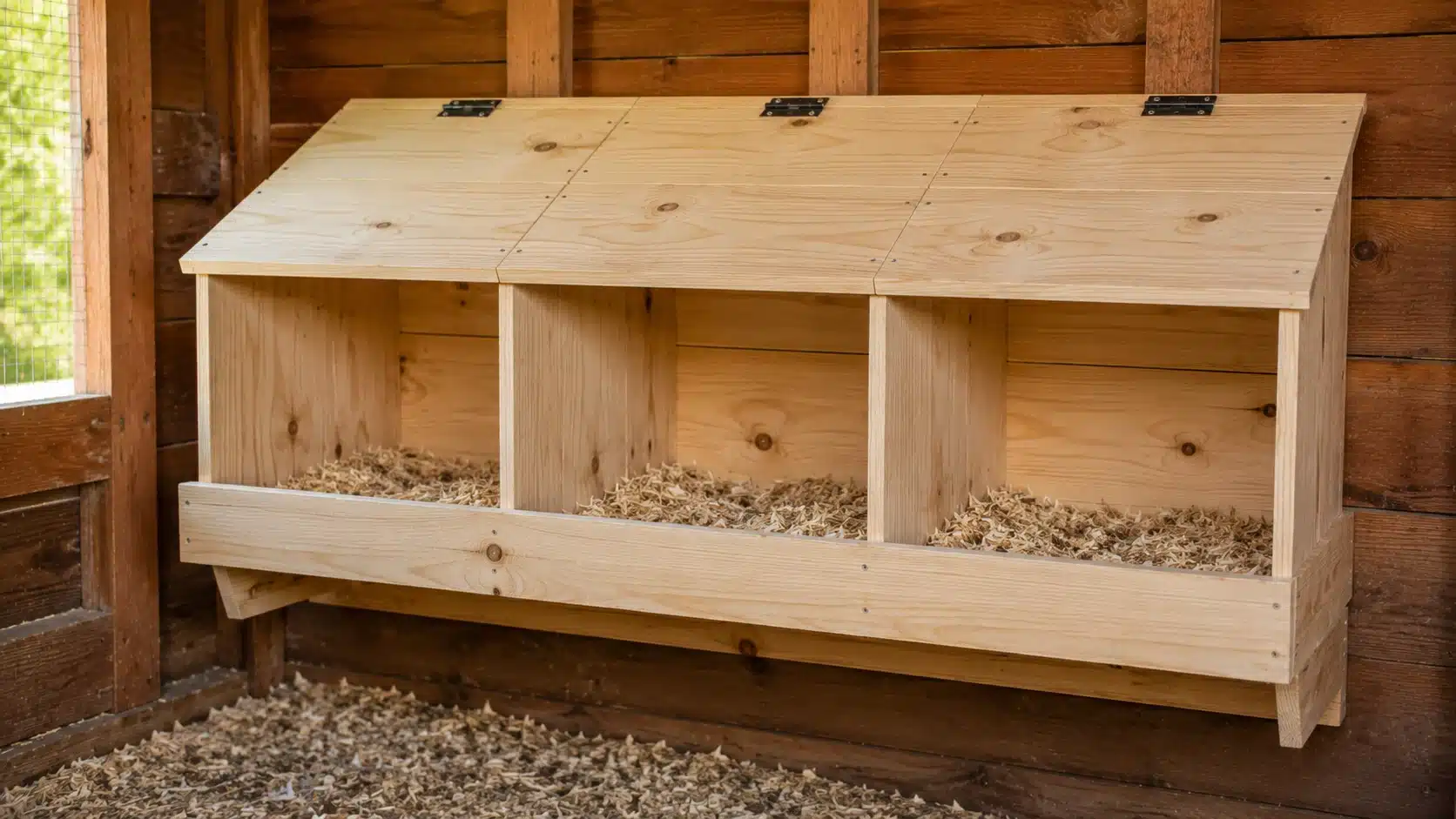 wooden chicken nesting boxes with multiple compartments and clean bedding inside a coop