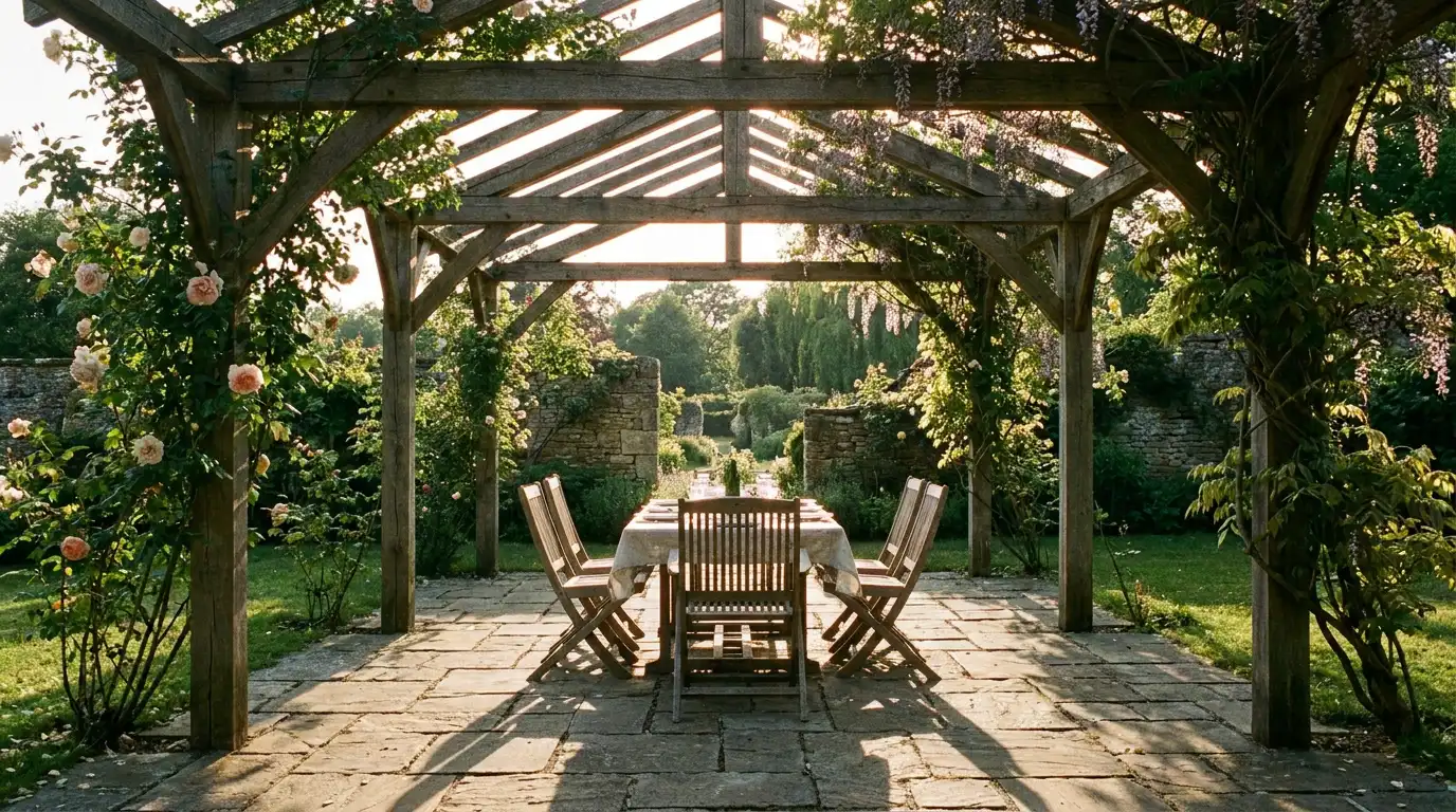 wooden pergola over an outdoor dining space adding shade height and a clear frame above the patio area