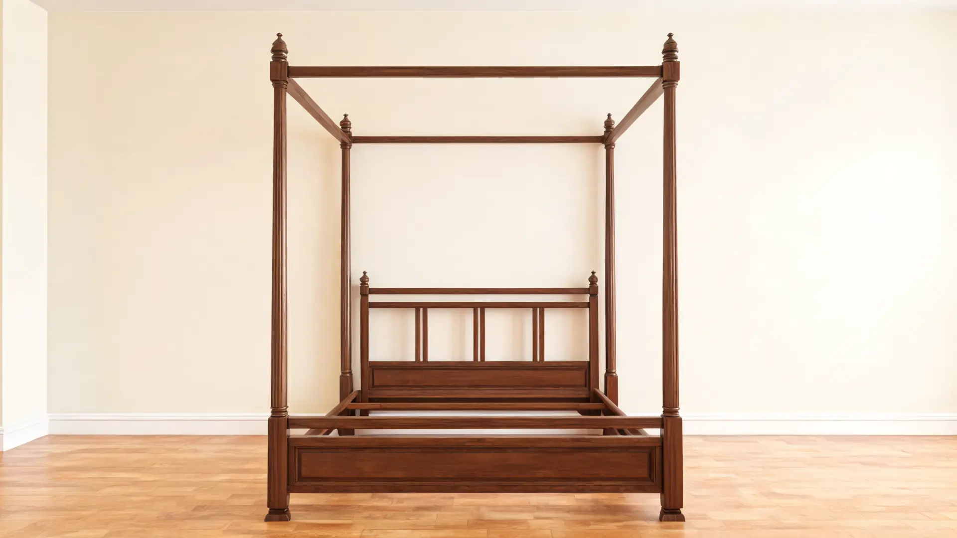 Wooden canopy bed frame with four tall posts and top rails in a large bright bedroom