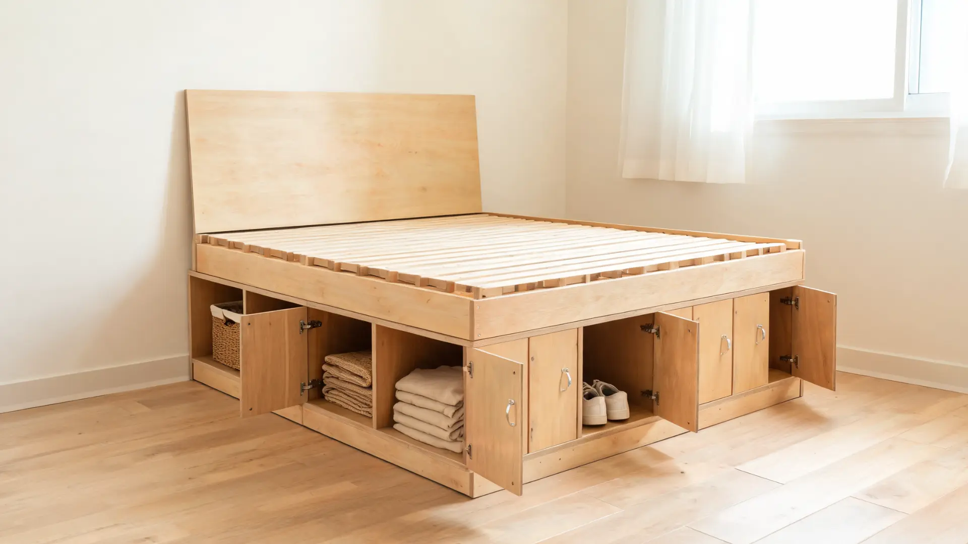 wooden storage bed frame with open cubbies and a slatted top in a compact bedroom
