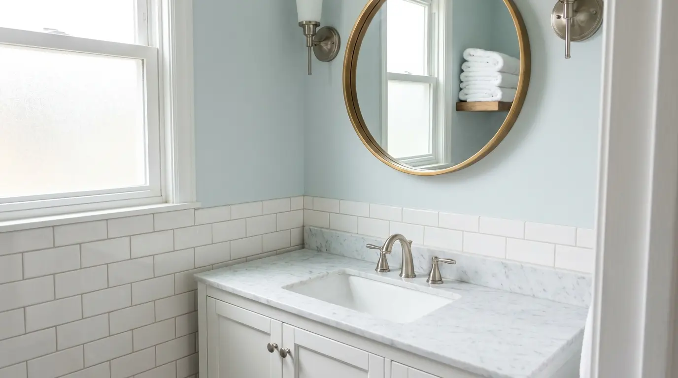 woodlawn blue bathroom with white tile and marble vanity