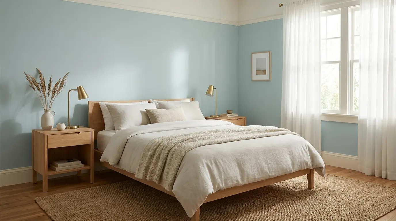 woodlawn blue bedroom with warm white trim and pale linen bedding