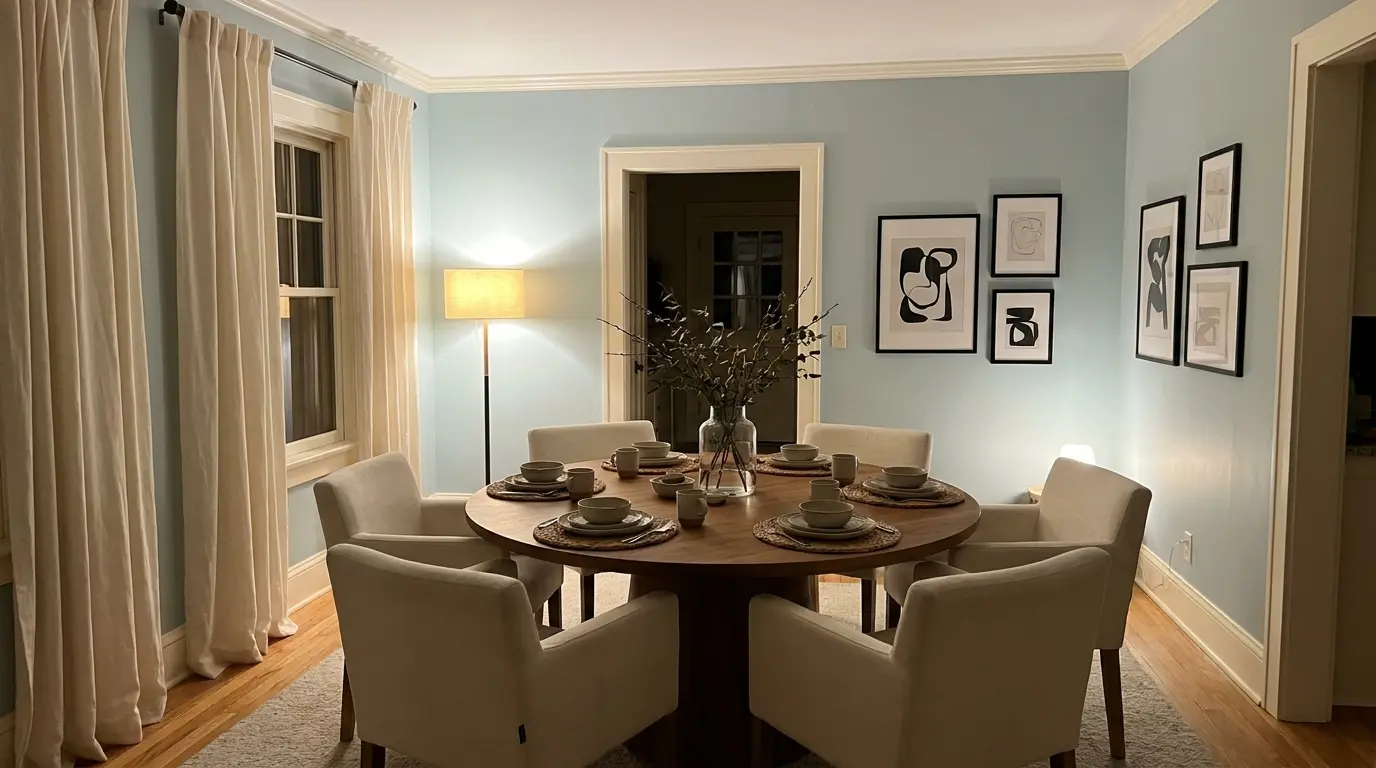 woodlawn blue dining room with wood table and cream chairs