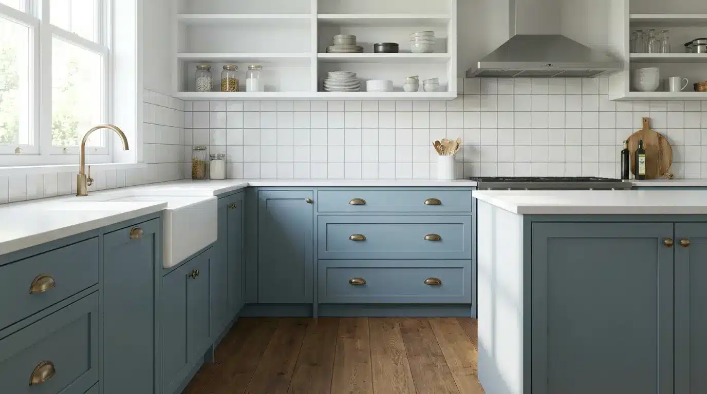 woodlawn blue kitchen cabinets with white counters and brass hardware