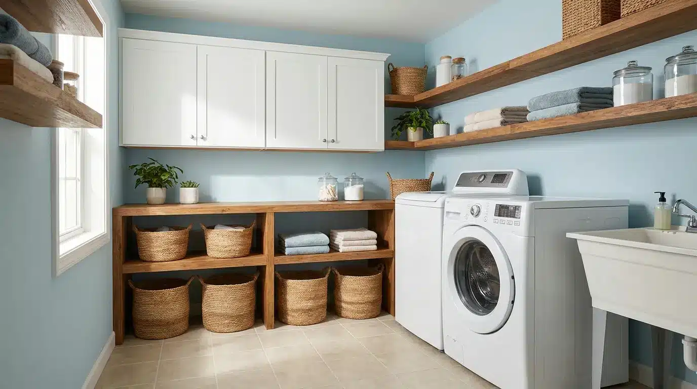 woodlawn blue laundry room with white cabinets and wood shelves