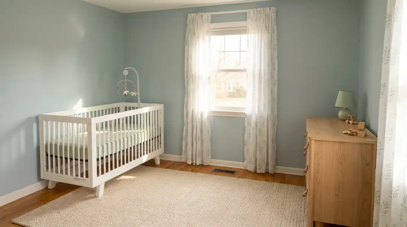 woodlawn blue nursery with white crib and natural wood furniture