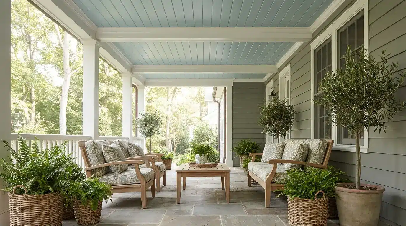woodlawn blue porch ceiling with white trim and natural wood furniture